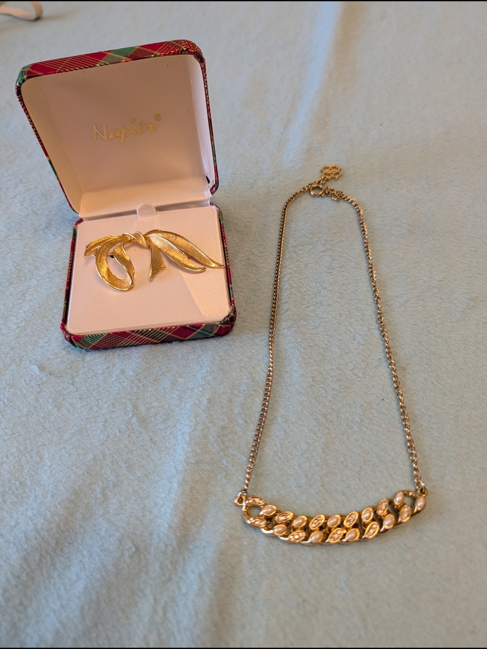 Napier Gold Tone Leaf Brooch and Ann Taylor Crystal Accent Necklace - Gold